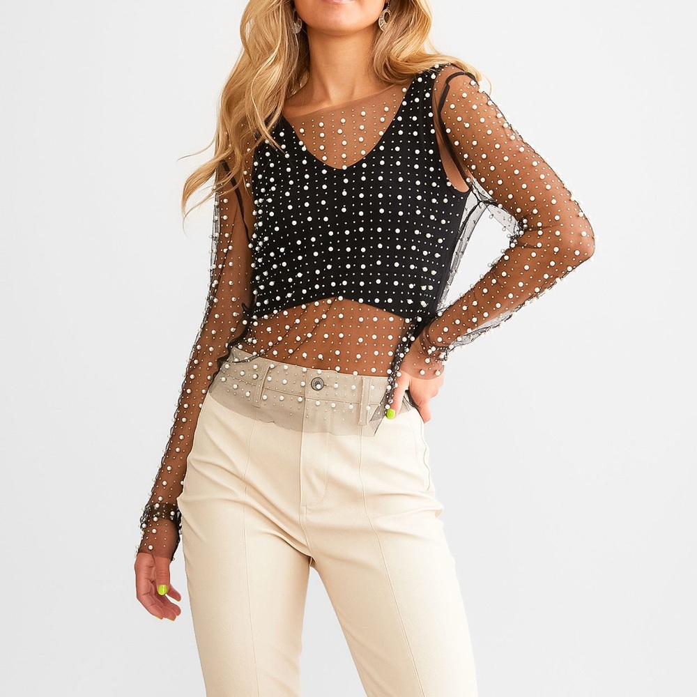 Davi & Dani Sheer Mesh Pearl and Rhinestone Embellished Top in Black | 1X